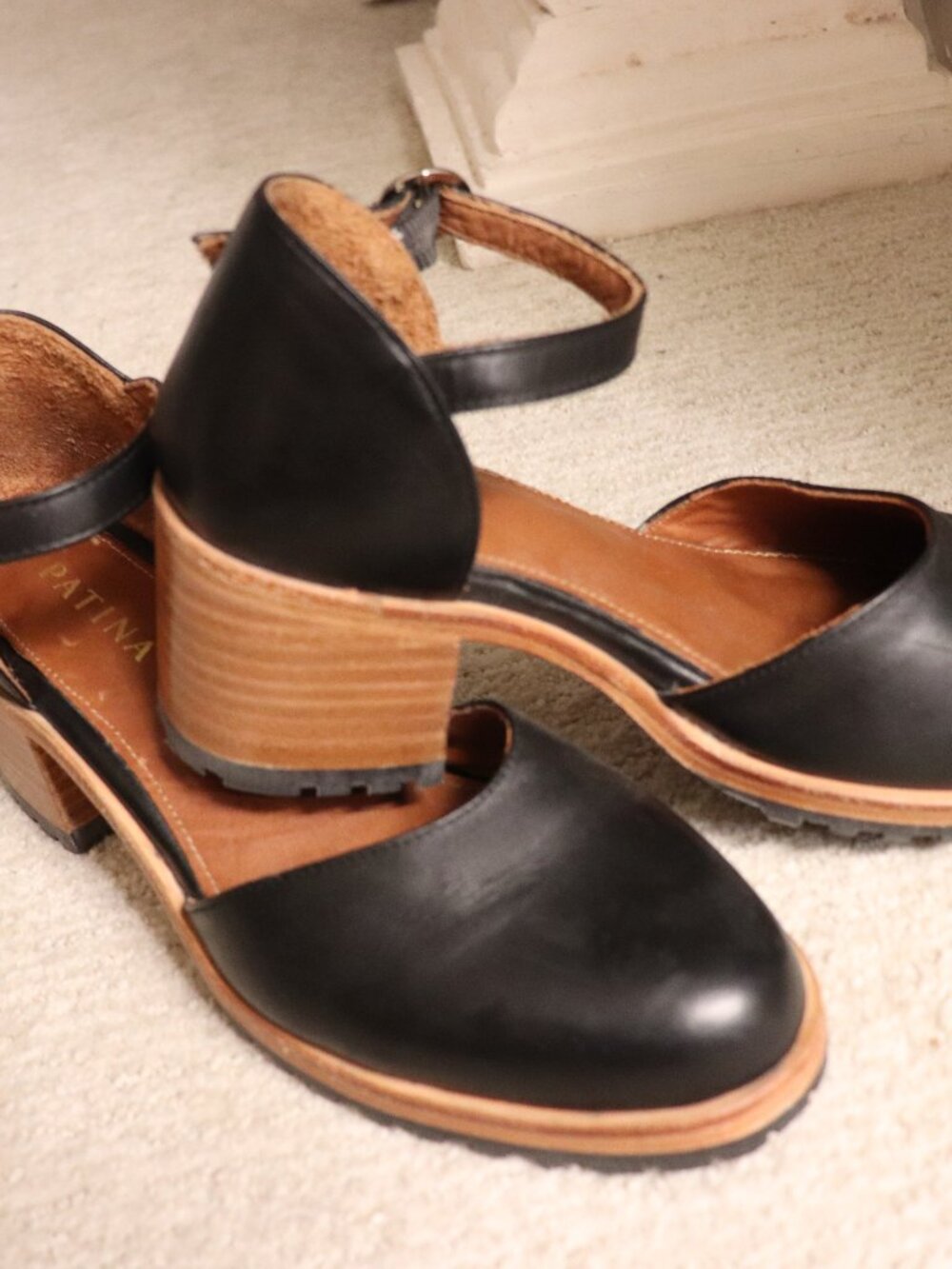 Patina Black Leather Platform Ankle Strap Sandals